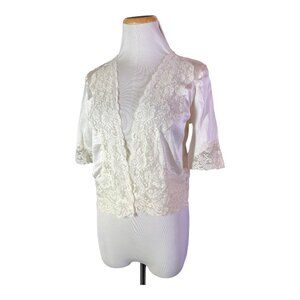 Vintage Express XS Open-Front Silk Jacket Lace Trim Elbow Sleeves White